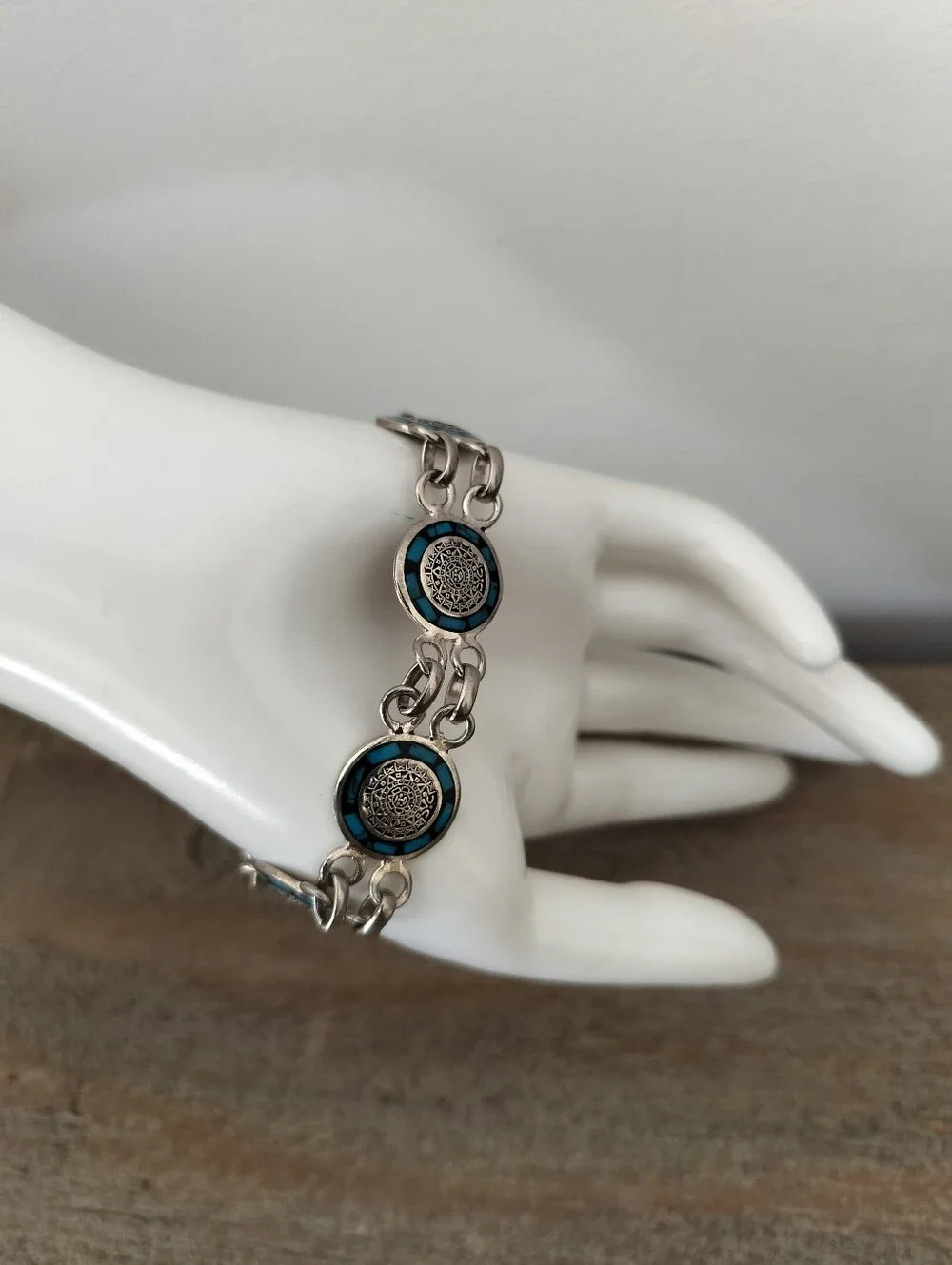 925 Mexican Sterling Silver Blue Enamel Link Bracelet